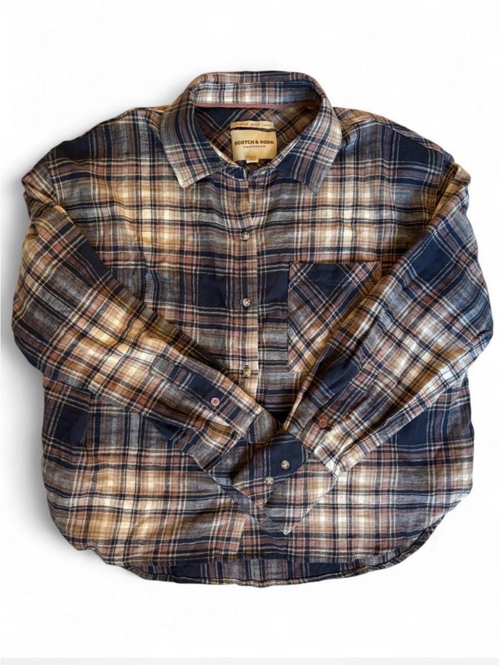 Scotch & Soda Amsterdam Navy, Light Pink and Cream Plaid Button-Down Flannel
